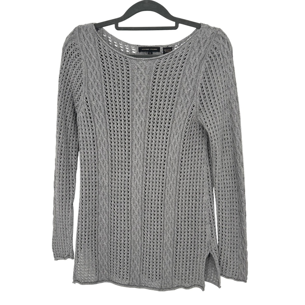 Jeanne Pierre Sweater Womens Small Grey Excellent Cotton Cable Pointelle Knit